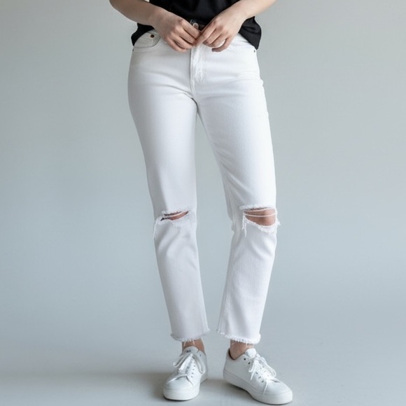 Re/Done Denim - RE/DONE Jeans White Distressed Straight-Leg Jeans - Size 32 Casual White Denim